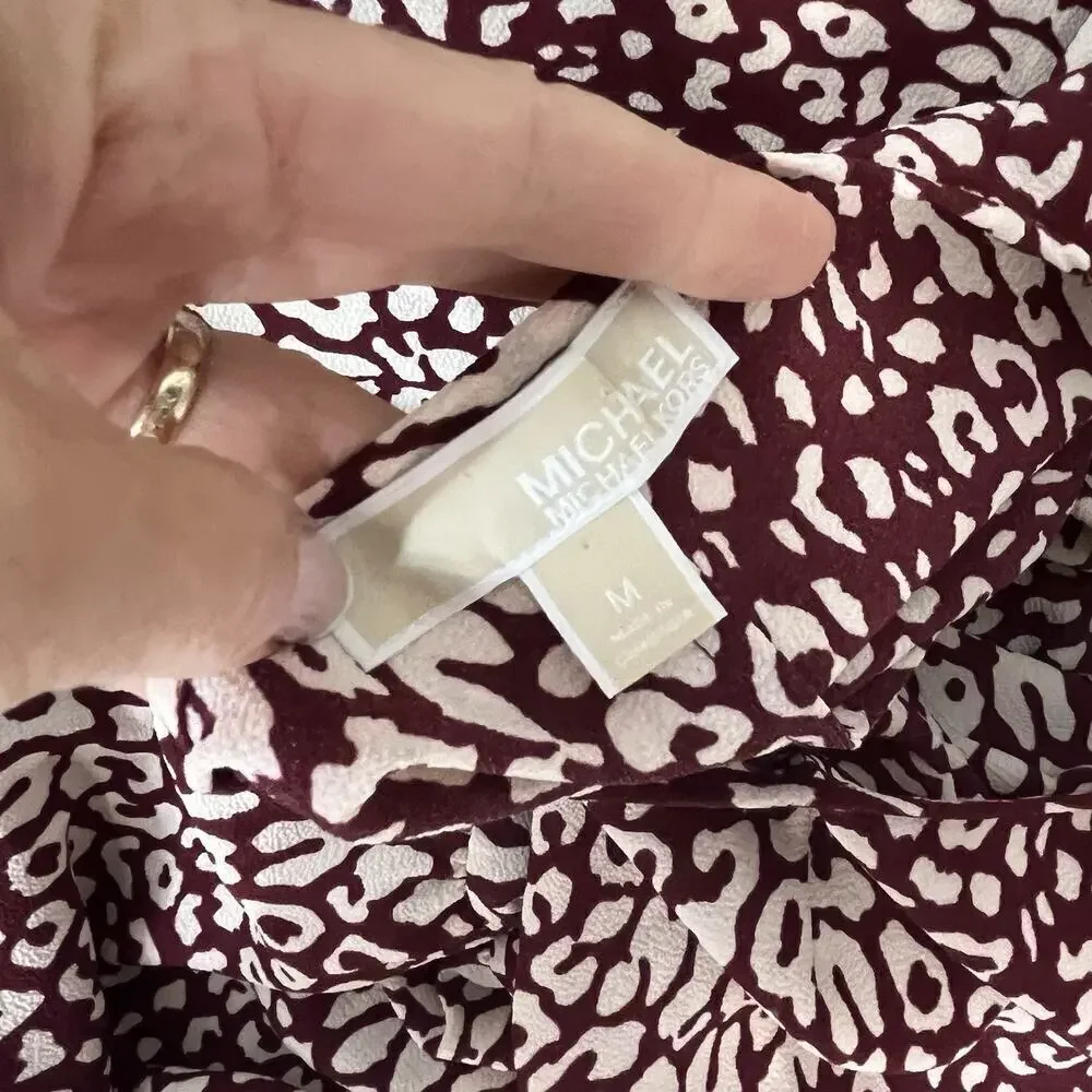 Michael Kors Blouse Tunic size Medium Burgundy Tan Leopard Lagenlook Peasant
